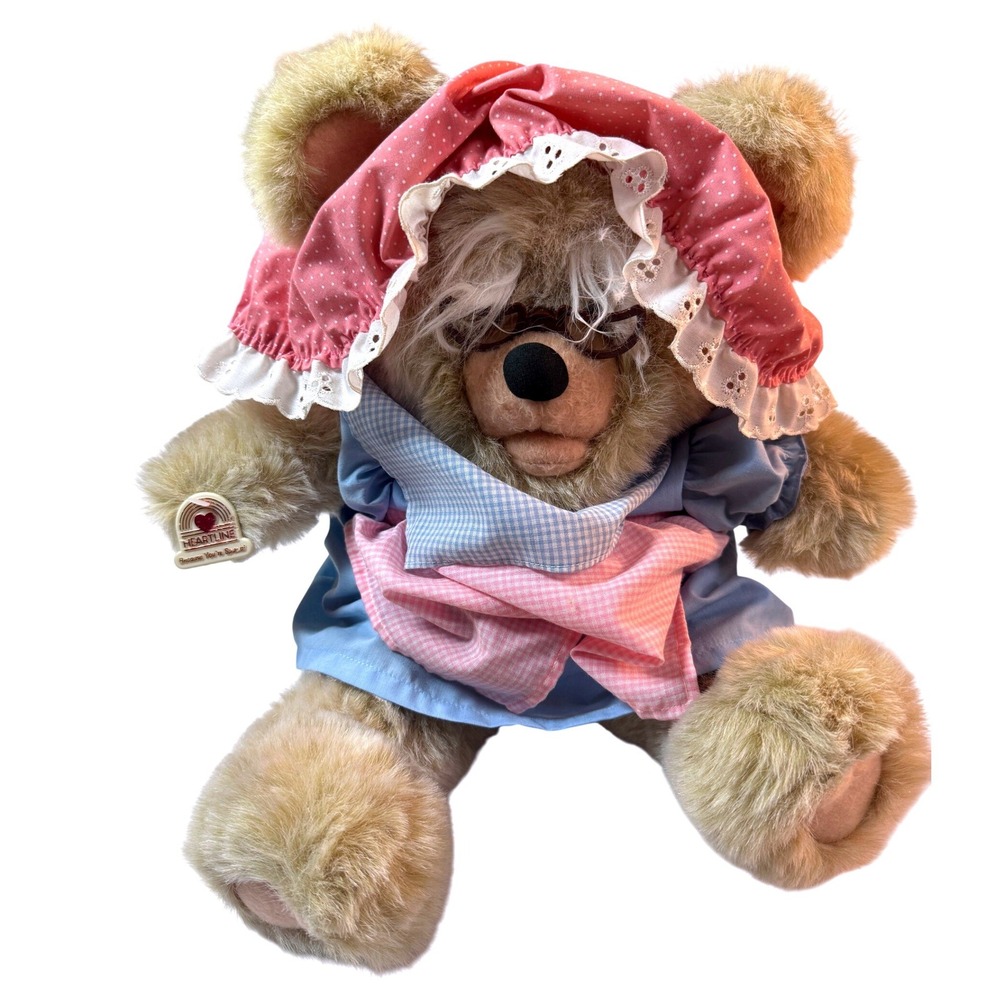 Vintage 1985 Heartline Grandma Bear Plush 12in Glasses Bonnet‎ Grandmacore